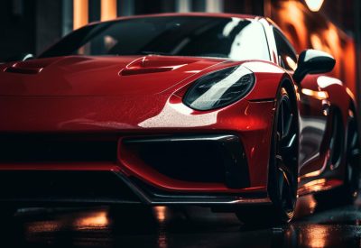 red-sports-car-is-wet-road-front-building